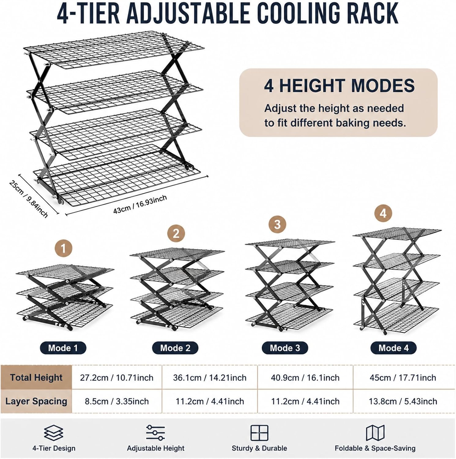 4 Tiered Collapsible Cooling Rack with 3 Setting Design, Stackable Cooling Baking Racks for Roasting ＆ Grilling Gifts for Picnic Party