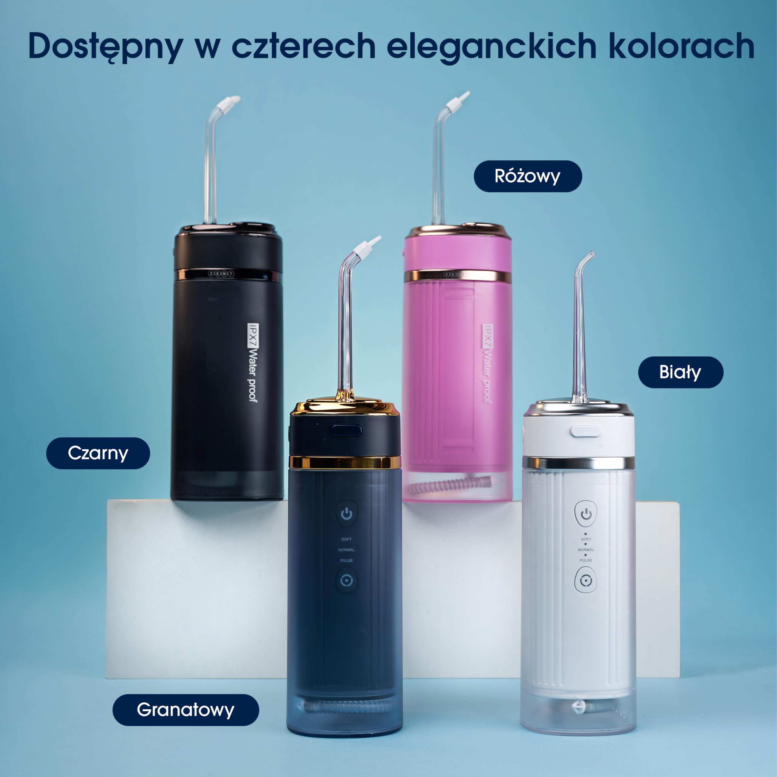 ZENT Stream+ Irygator wodny, Zaawansowana technologia obrotowa 360°, 3 Specjalne końcówki, Regulowane ciśnienie, Usuwanie płytki nazębnej, Wytrzymała bateria, Kompaktowe rozmiary, Niebieski