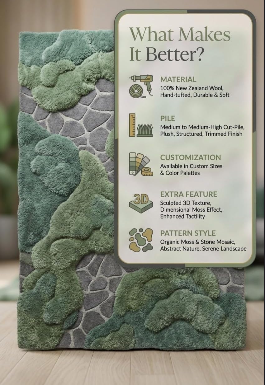 3D Pebble Stone Area Rug, Green Beige and Blush, Fluffy Tufted, Irregular Shape, Living Room Decor (Green with Grey, 8' x 10' Feet)