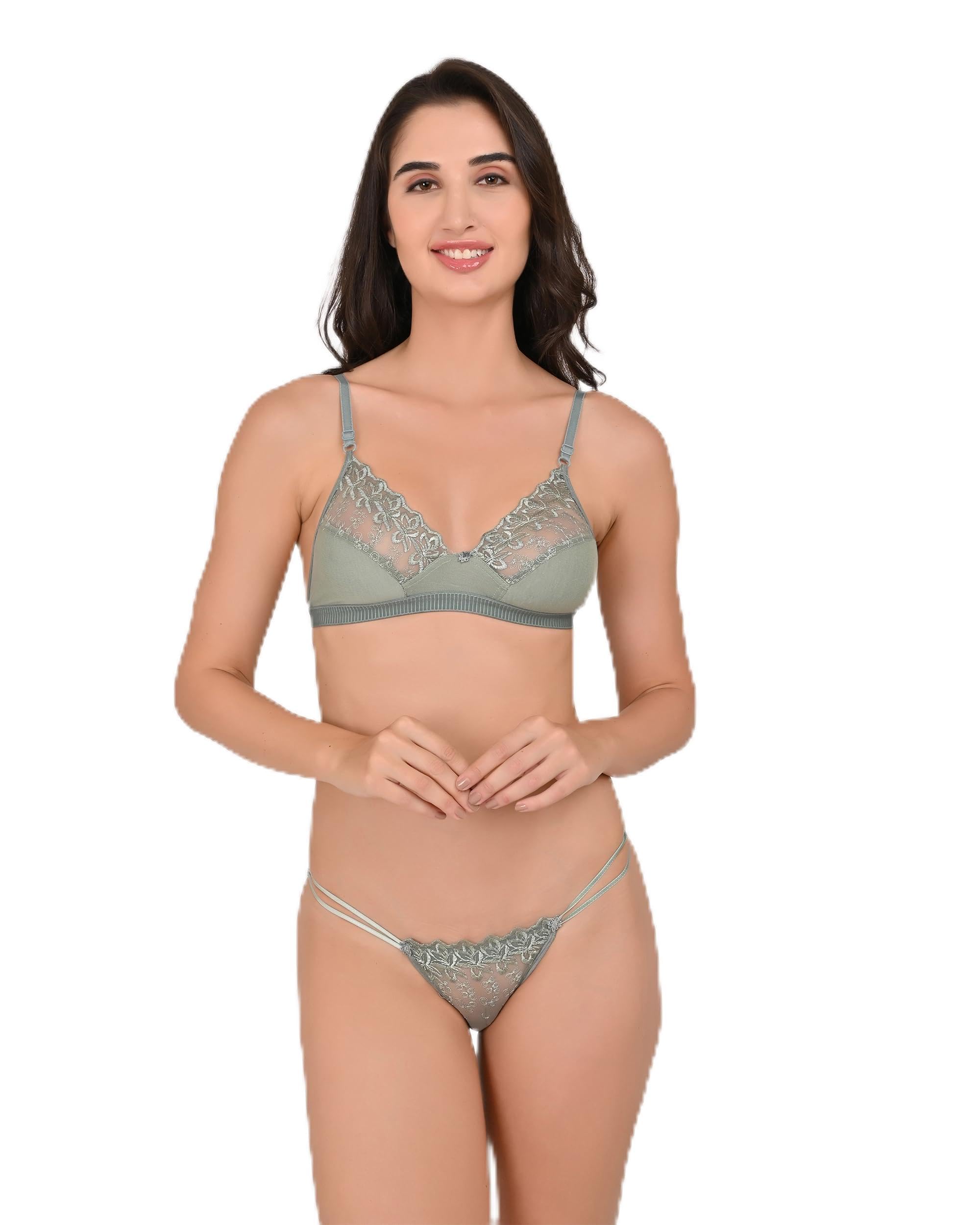 Women's Lace Bralette and Thong Lingerie Set, Sage Green, Floral Lace, Adjustable Straps-image-28