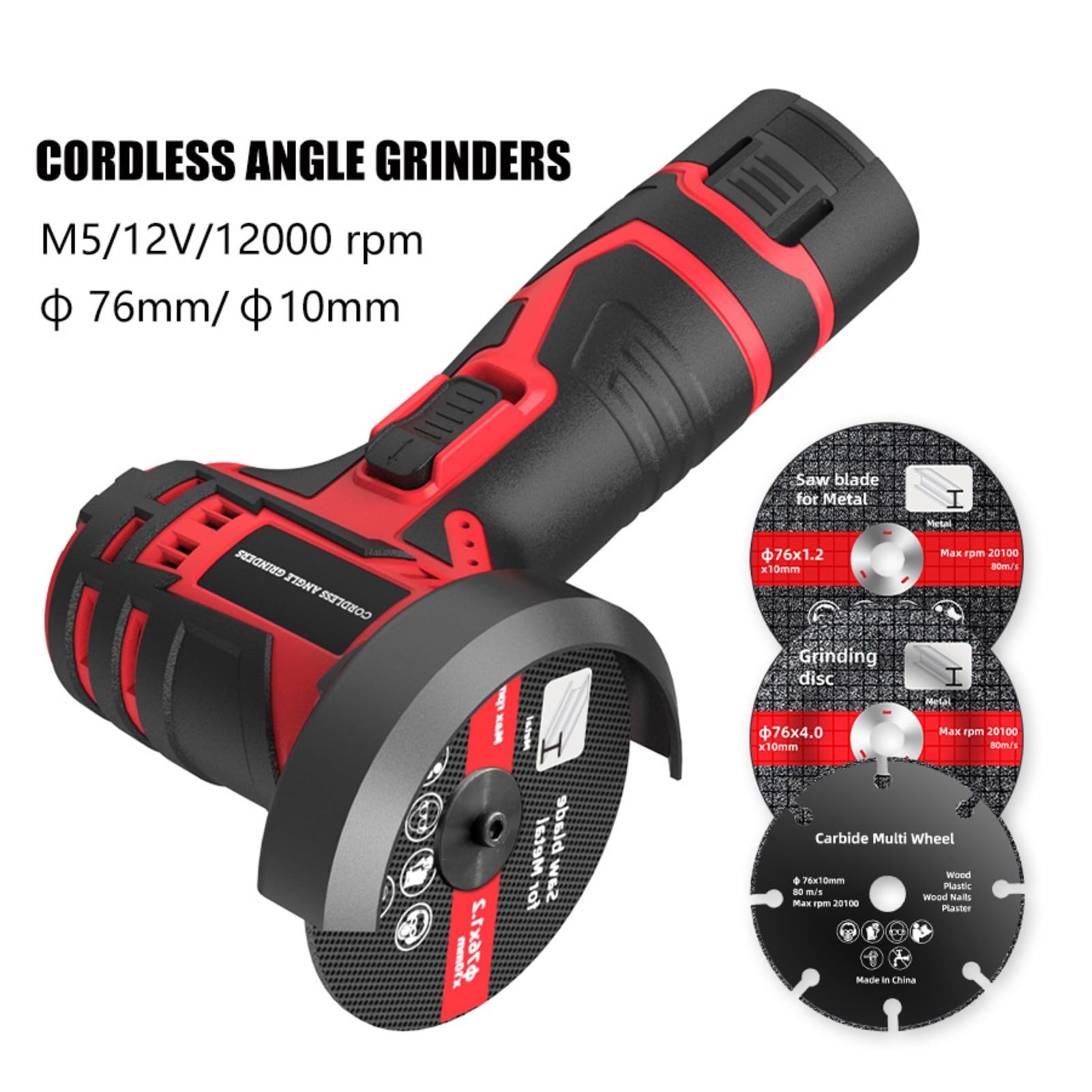 Mini amoladora angular | Kit inalámbrico de 12 V con 2 baterías de 2000 mAh y cargador | Amoladora compacta con discos de 76 mm para cortar, moler, pulir y afilar
