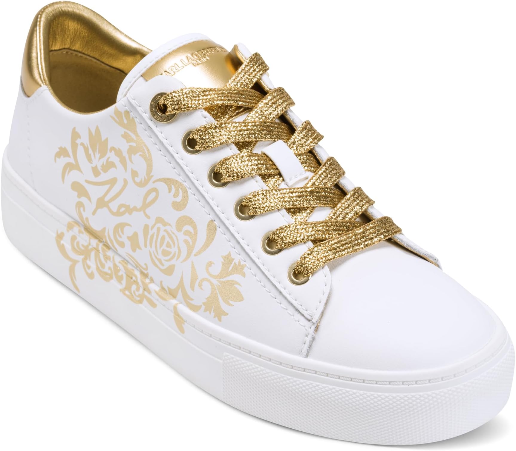 Women's Cate Rococo Lace Up Sneaker with Chic Design, Bright White/Gold, 8