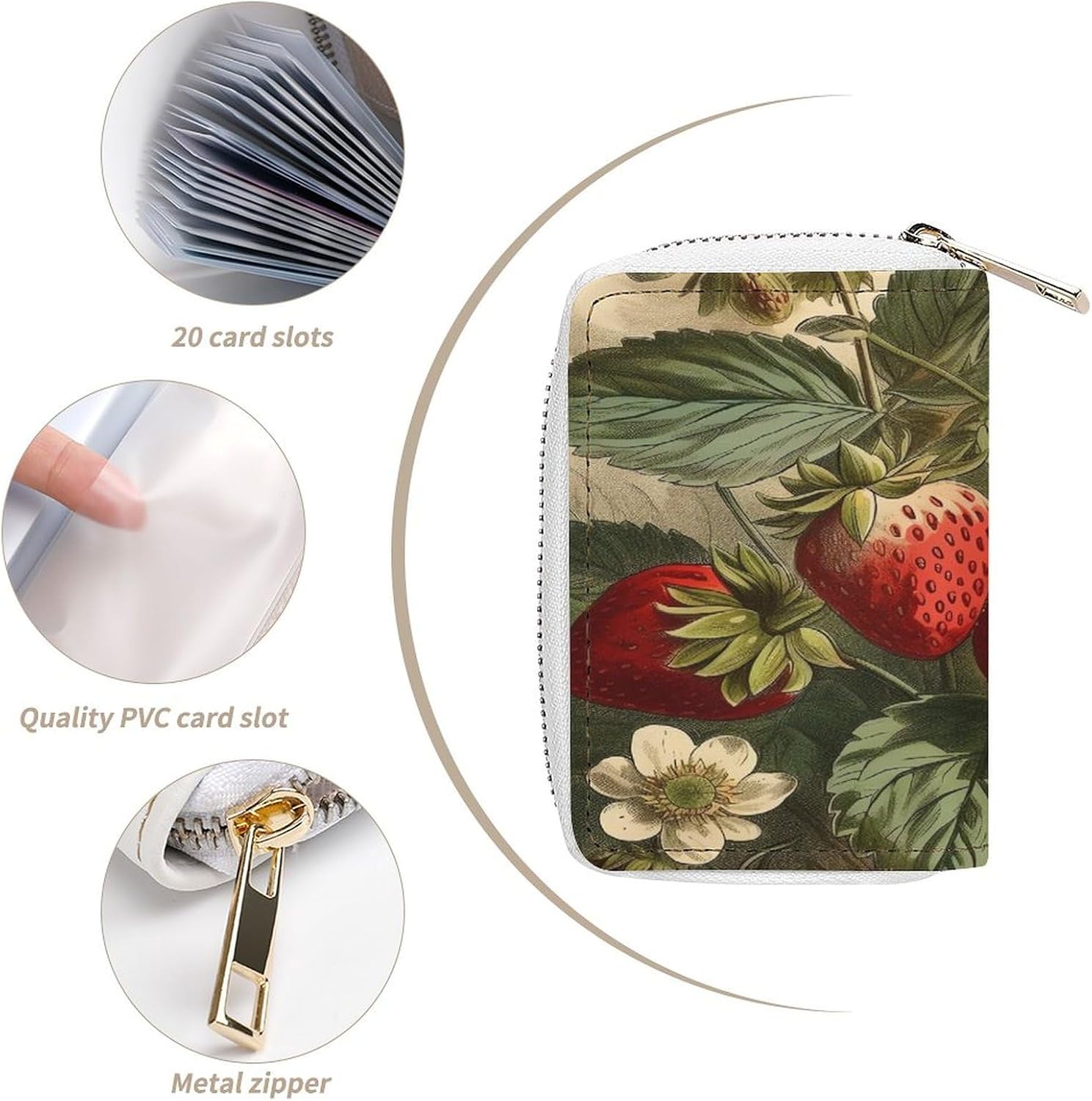 Leather Card Organizer Case Card Wallet Credit Card Holder Red Strawberry Printed Zipper Card Cases Holder for Women Men