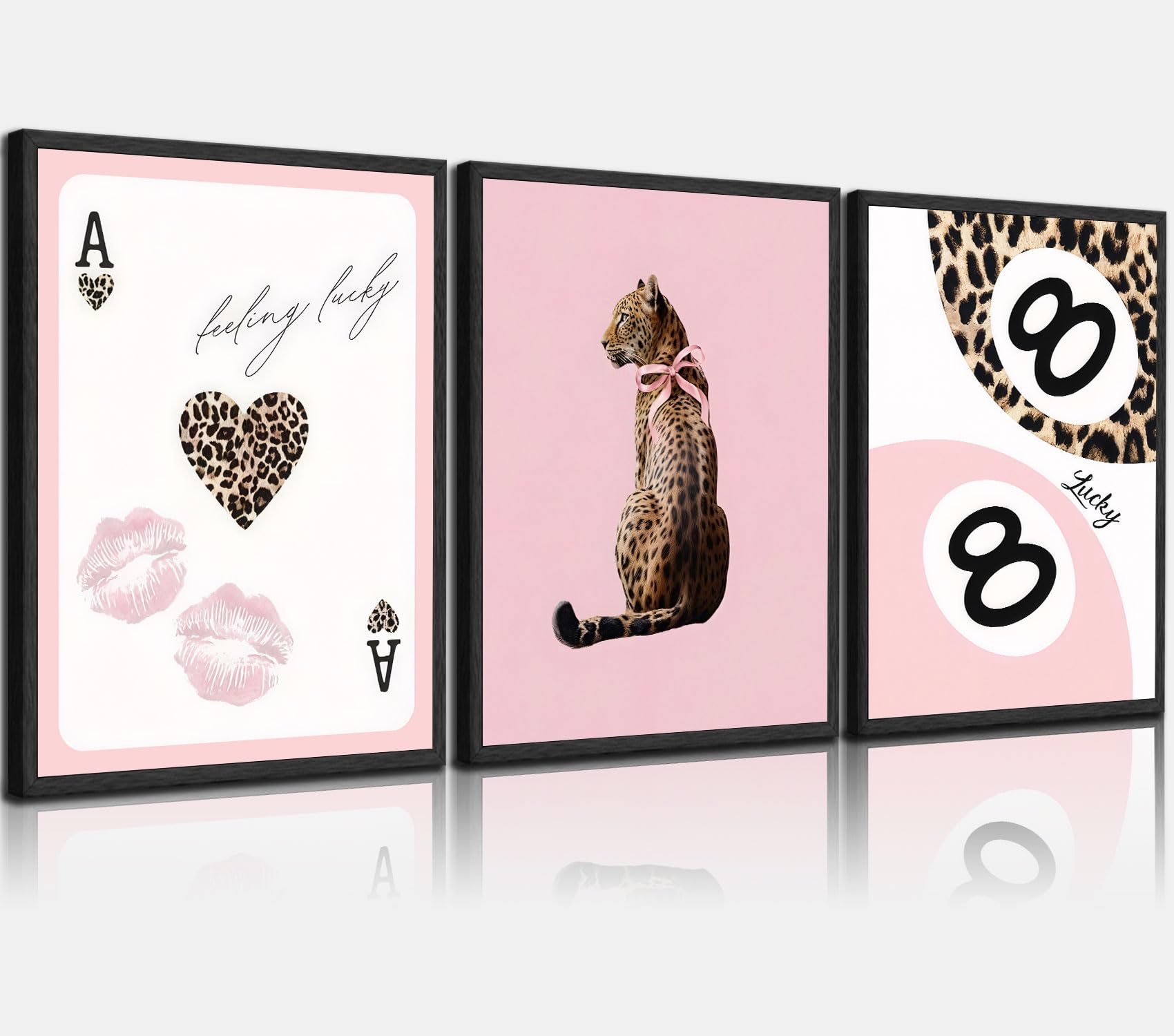 LMYSXAOZ 3Pcs Pink Cheetah Fashion Canvas Wall Decor Leopard Bow Preppy Print Pictures Chic Lucky 8 Ball Aesthetic Paintings Artwork for Girls Bedroom Dorm and Apartment Unframed 12x16inch