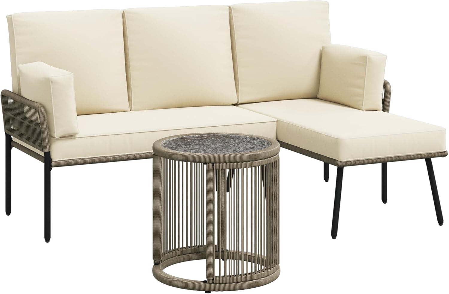 Green4ever Patio Furniture Set, Outdoor Sectional Furniture Sets with Woven Rope Accents and 4-Inch Cushions, L-Shaped Patio Conversation Sets with Detachable Lounger and Side Table