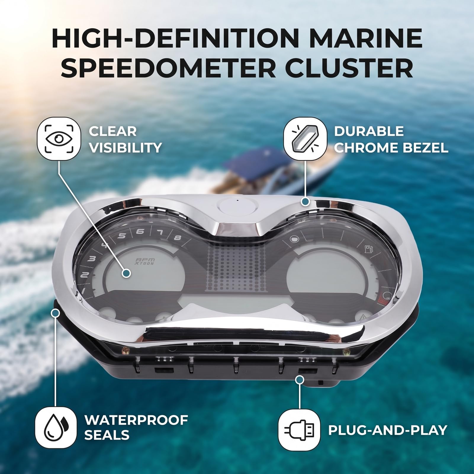 Pssopp Cronómetro LCD Marino para Velocidad, Cromo Anticorrosivo Plug Play