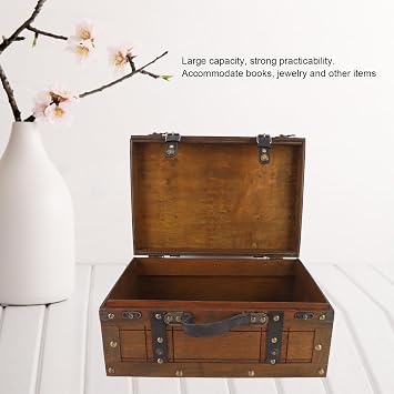 Atyhao Vintage Handbag Wooden Chest Portable Storage Trunk, Retro Suitcase for Clothes Toys Photo Prop, Strong Leather Handle (Large)