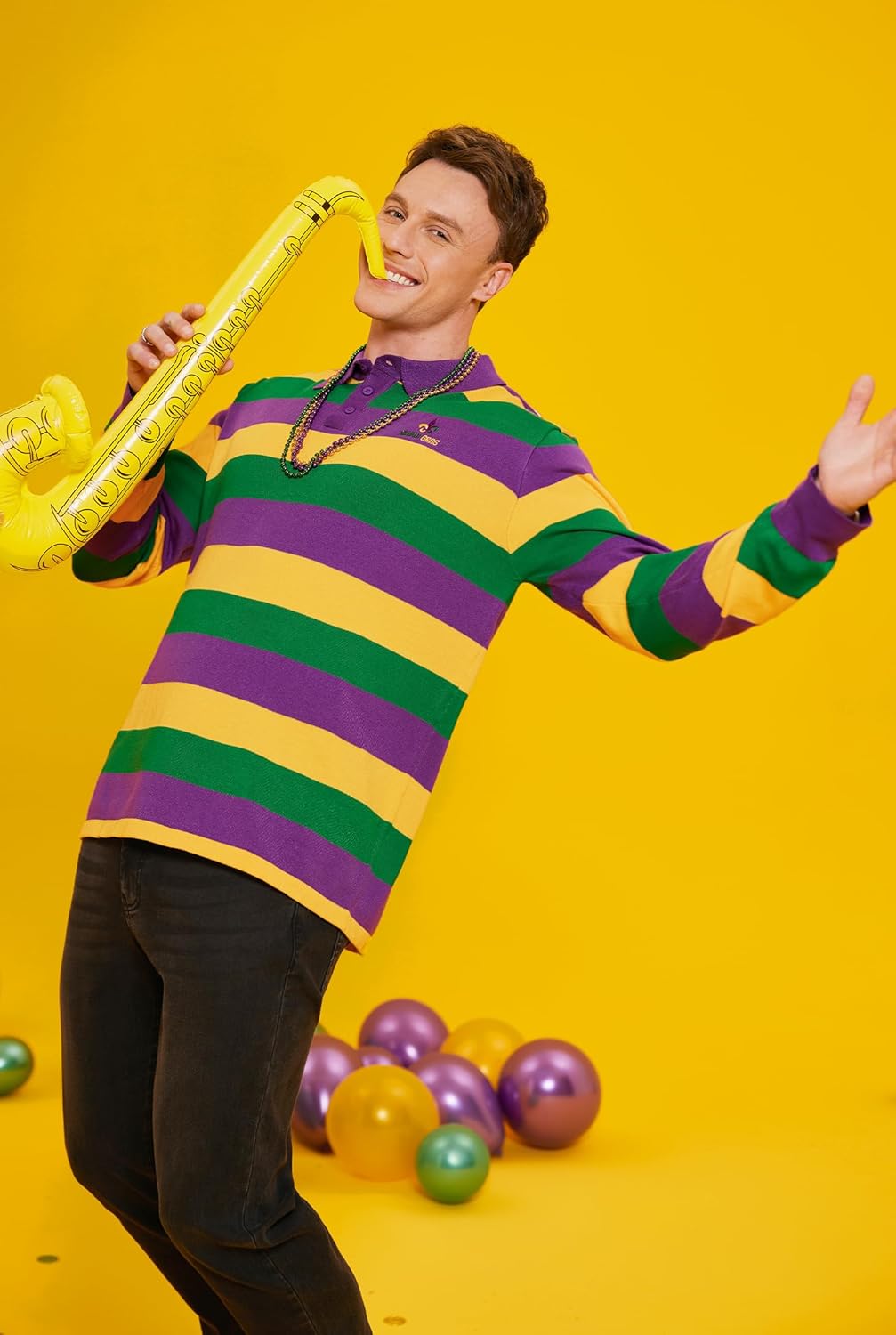 Arvilhill Men's Mardi Gras Polo Shirt Fat Tuesday Striped Long Sleeve Golf Shirt (S-3XL) - Image 8