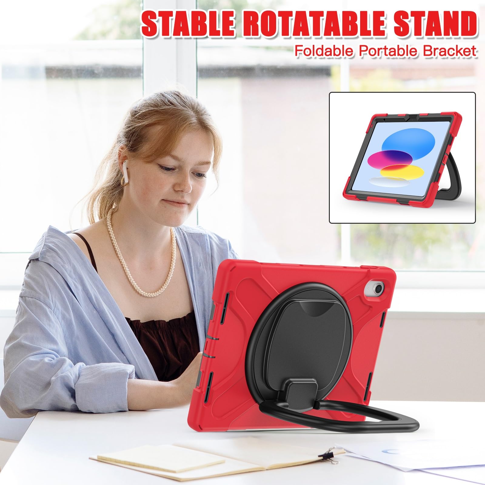Ochrona tabletu Etui kompatybilne z etui iPad 10. generacji 10,9 cala 2022, odporne na wstrząsy, solidne etui, obrotowa podstawka 360 stopni, pasek na rękę/ramię, wytrzymałe etui na tablet kompatybiln