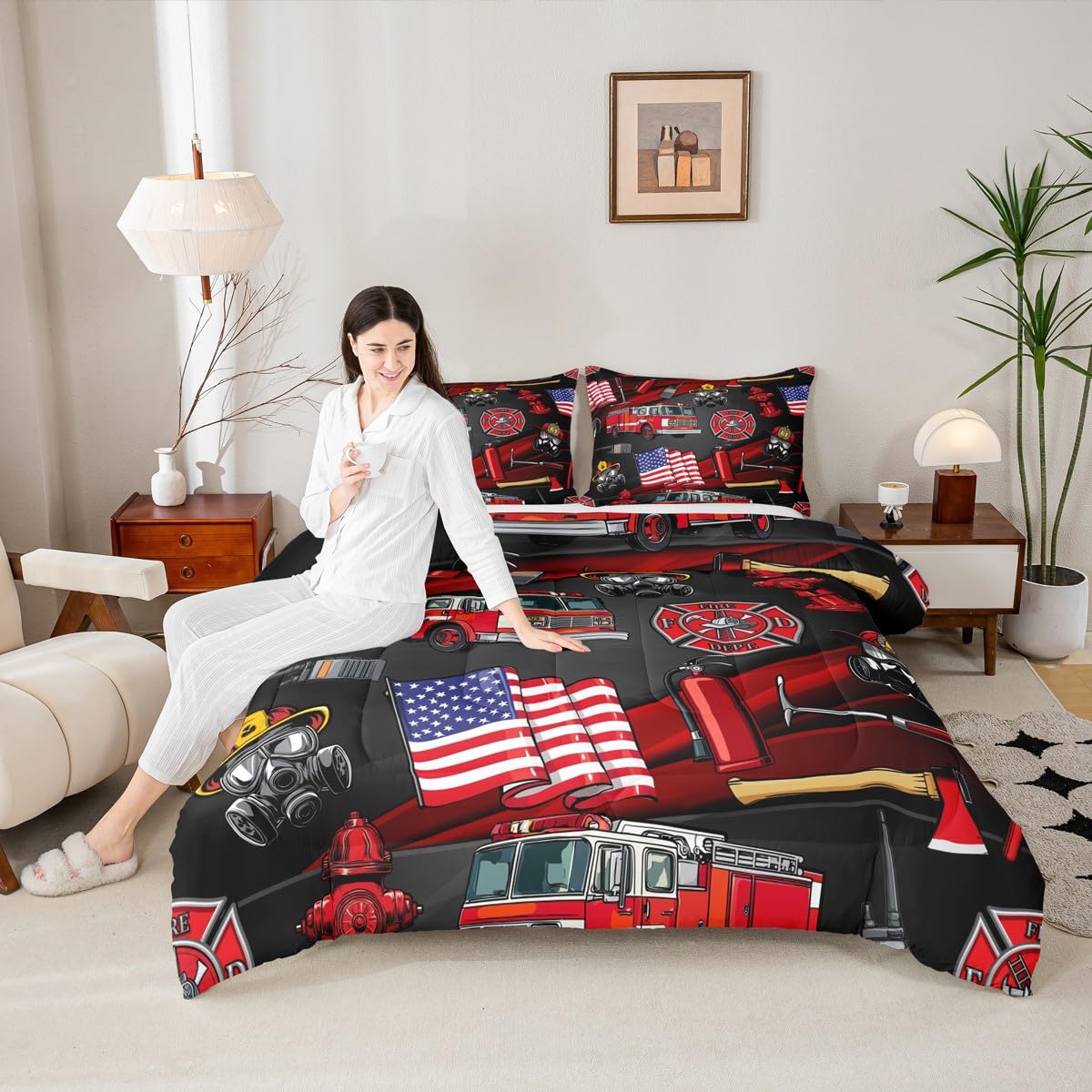 American Flag Comforter Set Twin Size, Cartoon Fire Truck Bedding Set 2pcs for Kids Teen Girls Boys Room Decor, Fire Fighting Supplies Quilt Set Duvet