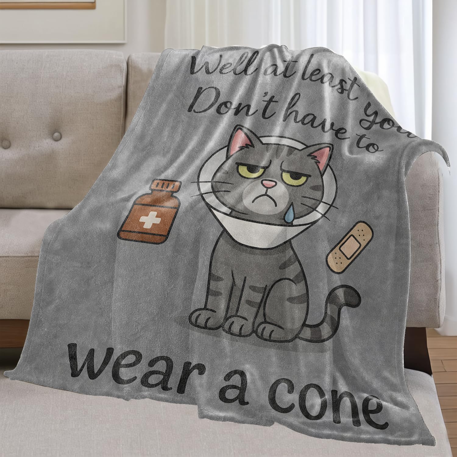 Get Well Gifts for Women Men Cute Cat Flannel Blanket,60x50inch,Gray Cartoon Kitten Blankets,Inspirational Sympathy Throw,for Friend,Family,Bedroom,Sofa,Living Room,Camping Decor Throws