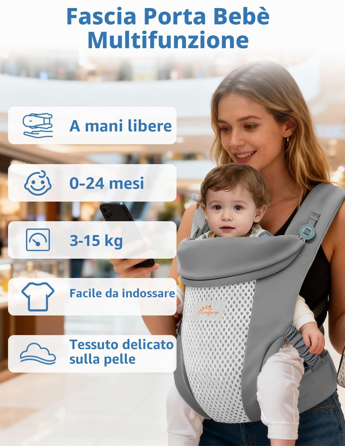 Marsupio per neonati e neonati, 4 in 1, in rete d'aria e cotone di seta, fascia per neonati e marsupio regolabile anteriore e posteriore, 3-15 kg (grigio)