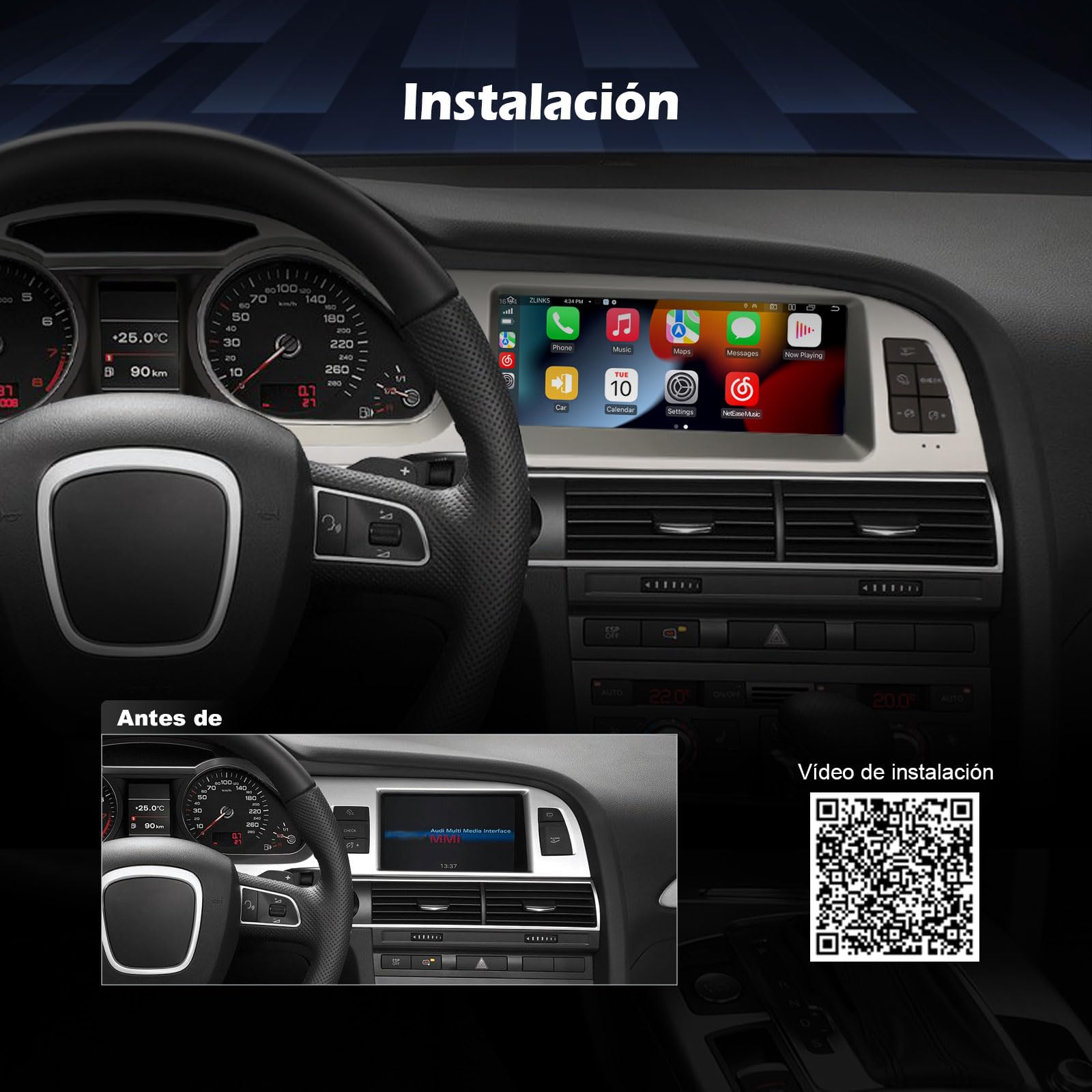 Android 16 Radio Coche Wireless Carplay Android Auto para Audi A6 2005-2008 | Snapdragon 8 Core GPS Navegador Bluetooth 5.1 DSP A2DP WiFi Canbus OEM Radio 8,8" IPS Pantalla táctil 4GB+64GB