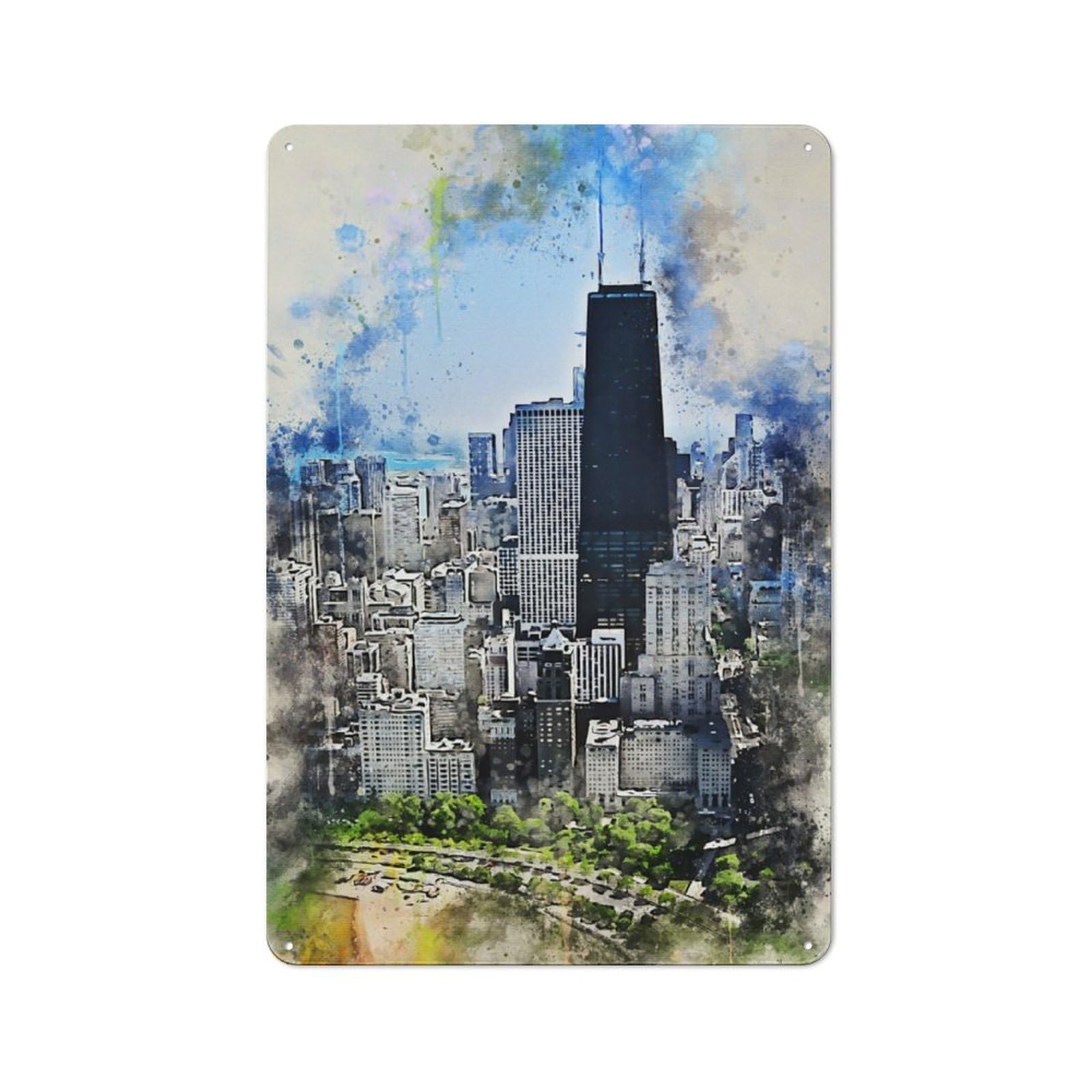 Junmoney Chicago In Watercolor Metal Wall Sign 30X20cm Featuring For Workshop Wall, For Makers And Diy Enthusiasts