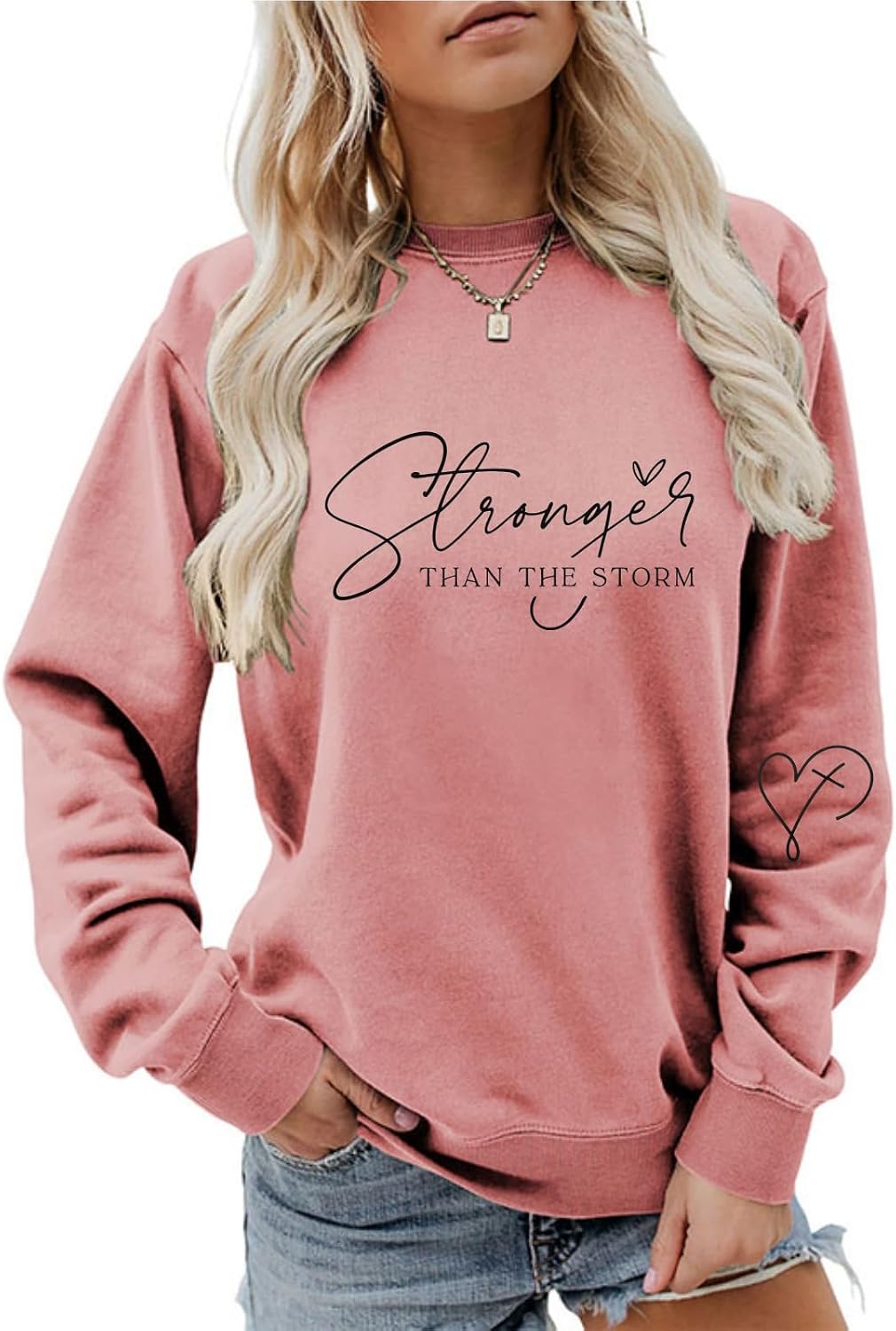 Christian Stronger Than The Storm Sweatshirts Lightweight Women Inspirational Faith Pullover Long Sleeve Shirt