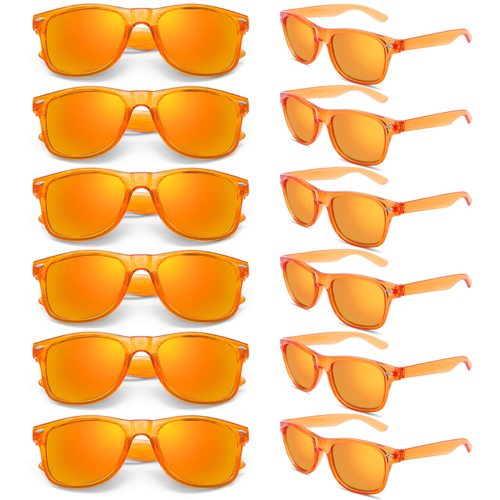 SUNOVELTIES 12 Pack Retro Colored Sunglasses Transparent Frame Mirrored Lenses Bulk Party Glasses Birthday Beach Unisex