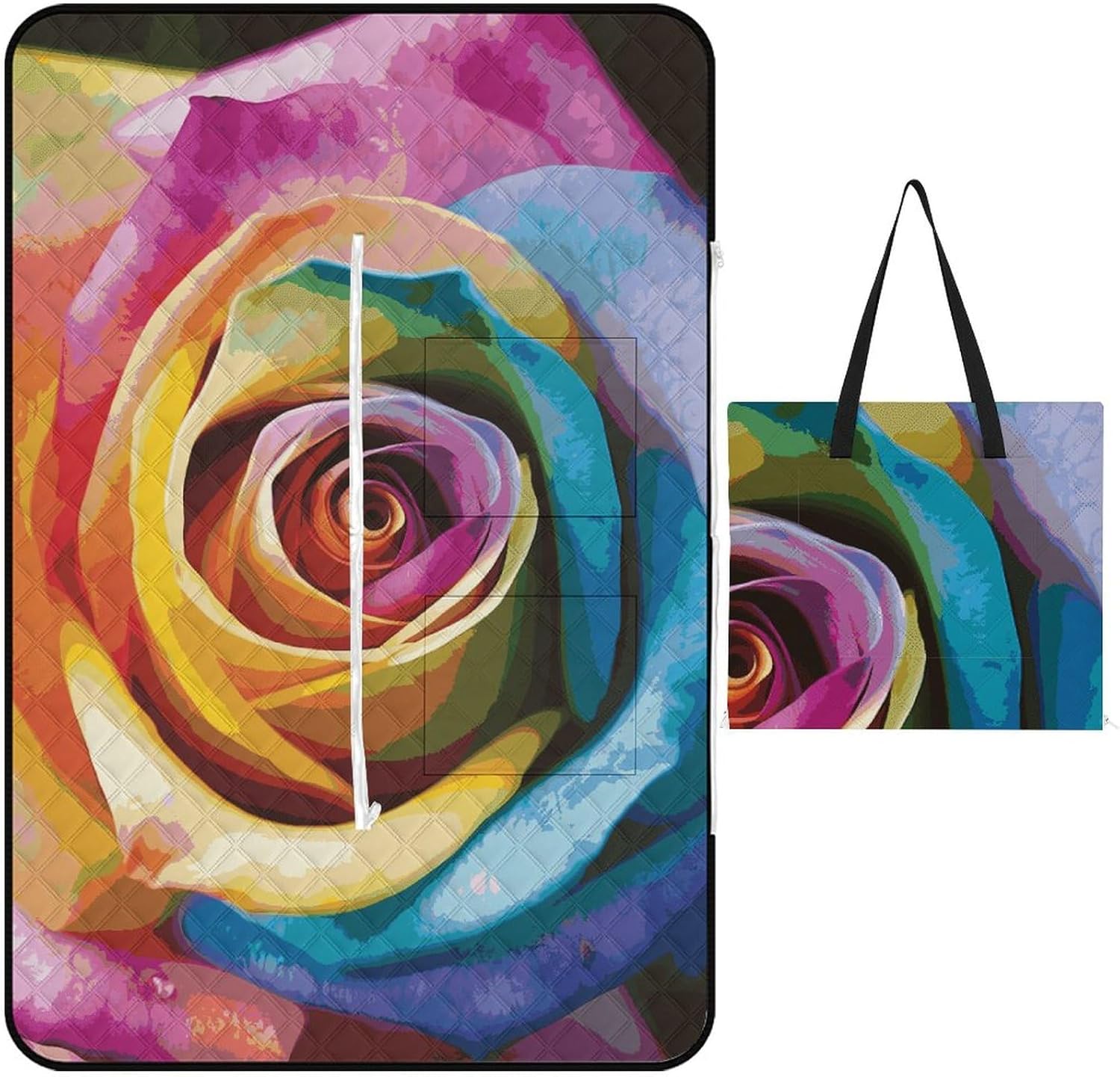Rainbow Rose Flower Picnic Blanket Zipper Style Waterproof Foldable Outdoor,Picnic Mat Foldable As A Shopping Bag for Ladies, Portable Outdoor Blanket for Camping