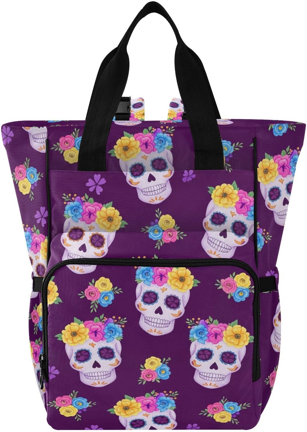 Skulls Flowers Purple Print Diaper Bag Backpack for Baby Boys Girls Multifunction Baby Essentials Travel Tote with Stroller Straps & Bottle Storage Large Travel Diaper Backpack for Baby Gifts