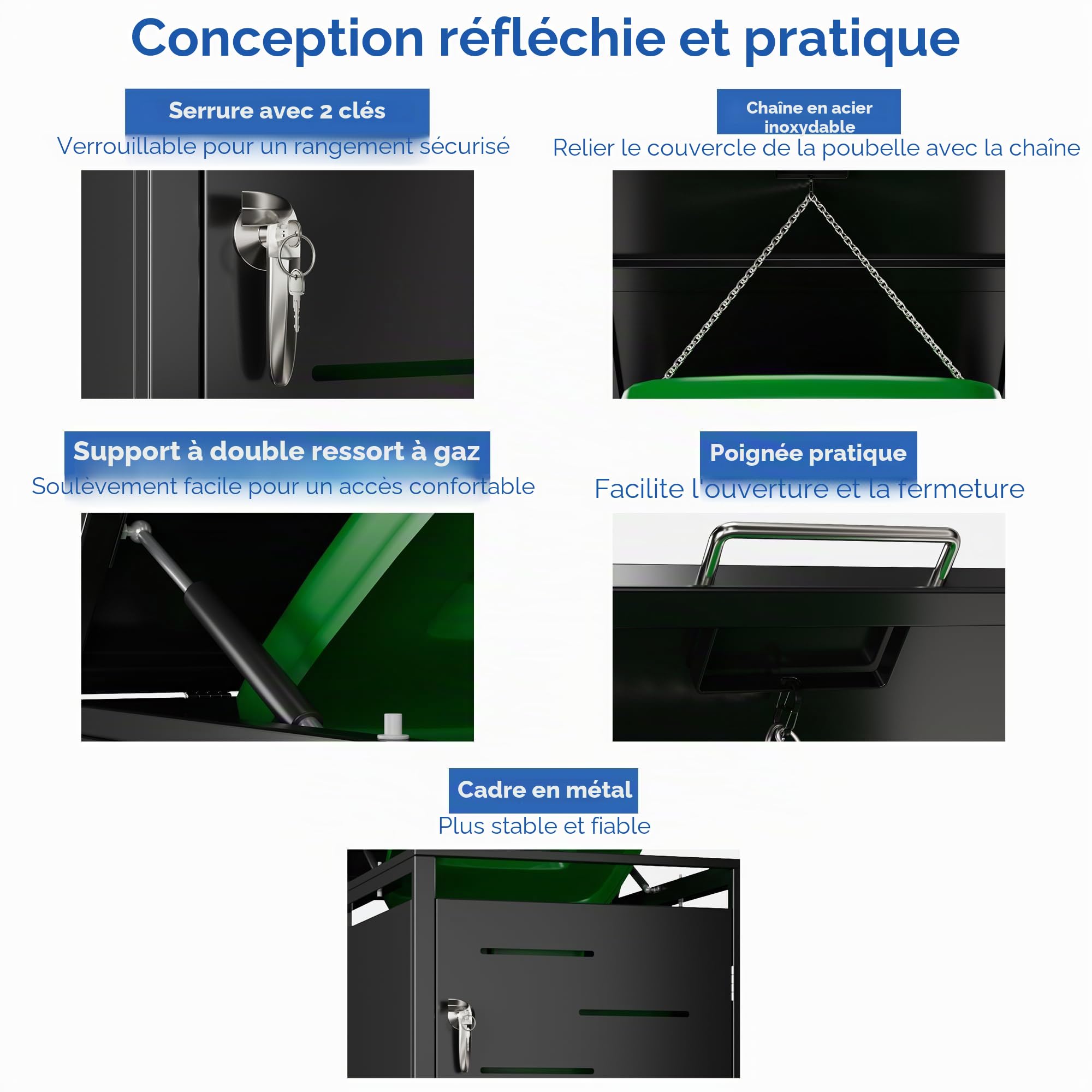 SUPEER Cache-poubelles 2 et 1 compartiments | jusqu'à 240 litres | noir | acier galvanisé | amortisseurs premium | résistant aux intempéries | tiges hydrauliques | poignée de porte avec serrure |