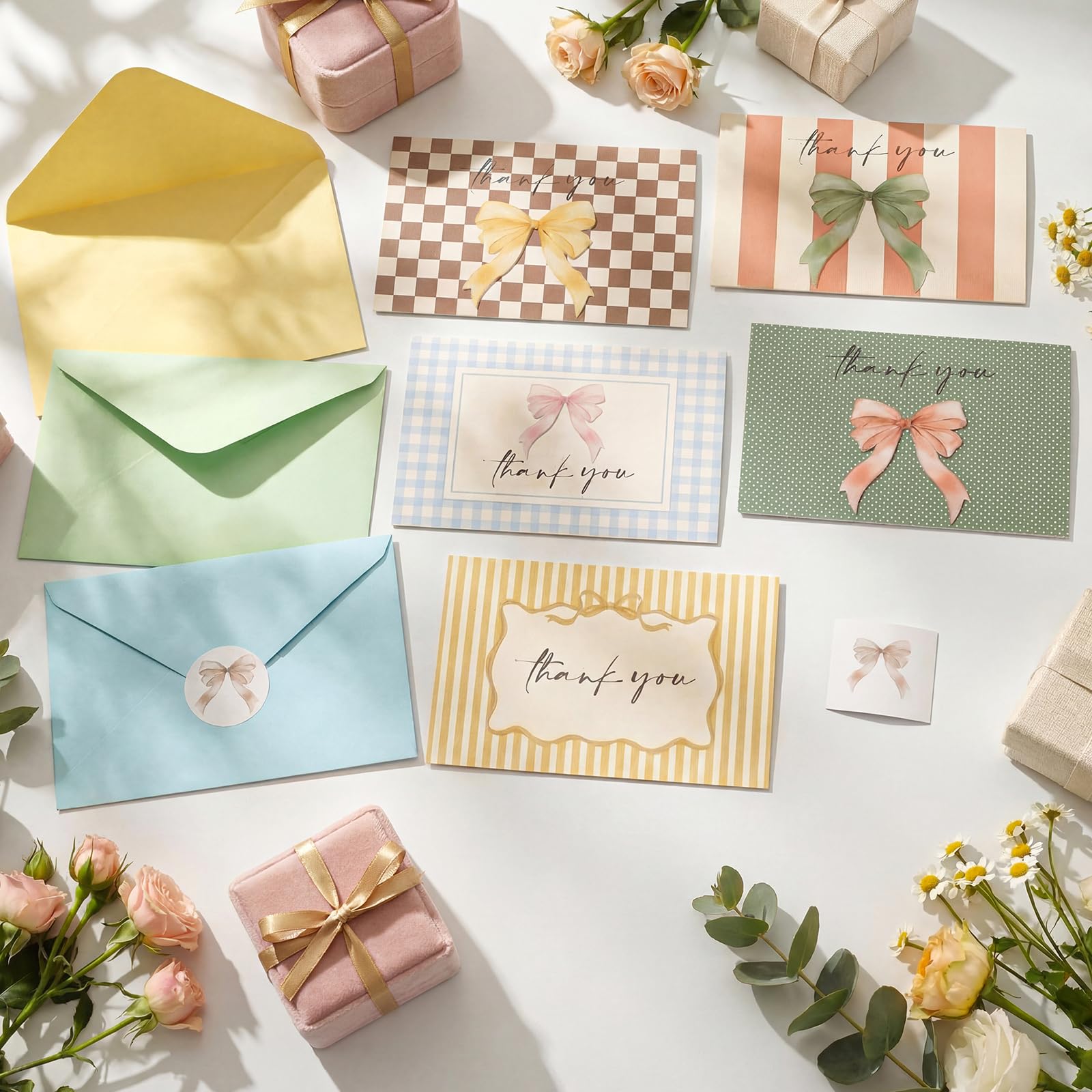 Sabary Biglietti di ringraziamento colorati con buste e adesivi, design elegante con fiocco, 50 pezzi, 10 x 15 cm, con fiocchi ad acquerello, biglietti di auguri vuoti per addio al nubilato, matrimoni