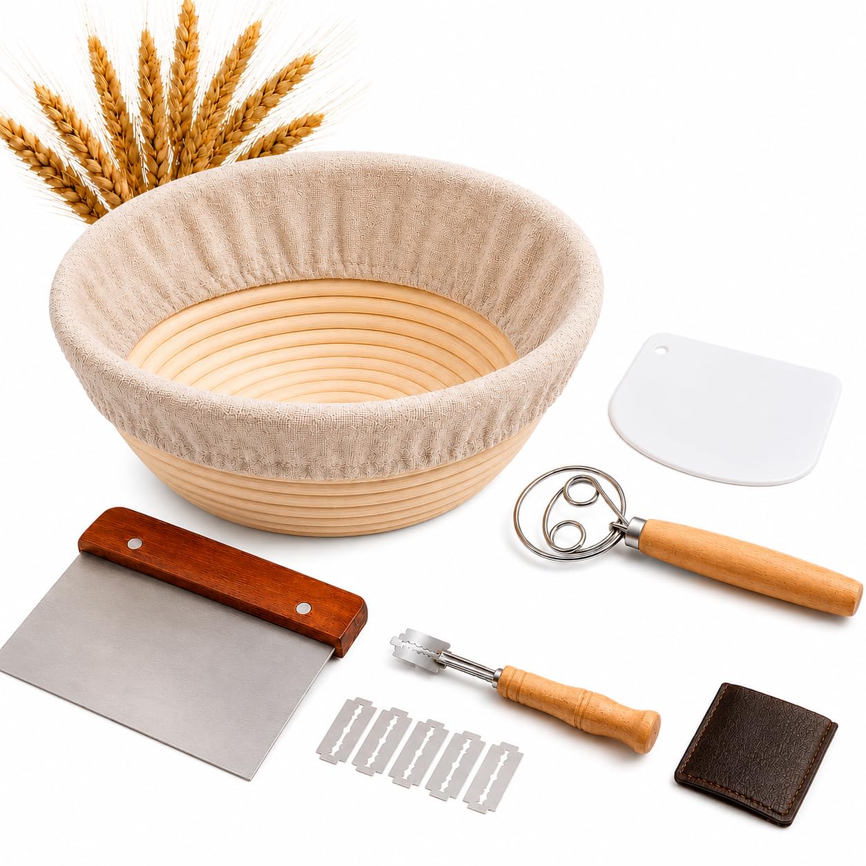 Avais Brown Banneton Bread Proofing Basket Set – Round Proofing Baskets, 100% Natural Rattan Sourdough Bread Making Kit With Dough Whisk, Liner, Bread Lame, Brush & Scraper