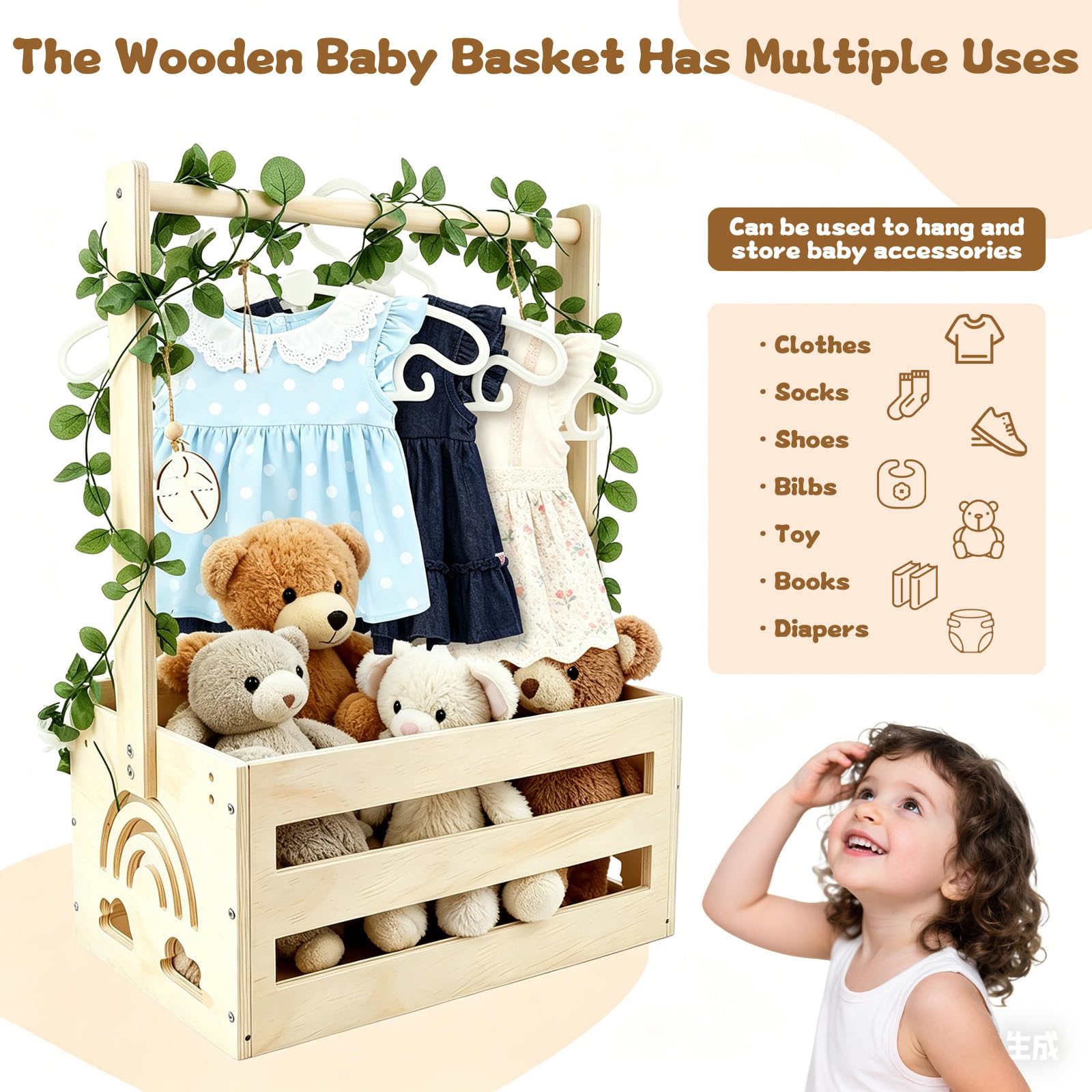 Babyparty Geschenk Holz Babykorb mit Griff, Babyparty Geschenk für Neugeborene, Praktischer Baby Schrank mit Kinder Kleiderbügel und Girlande, Personalisierte Baby Korb für Schwangere Neue Eltern