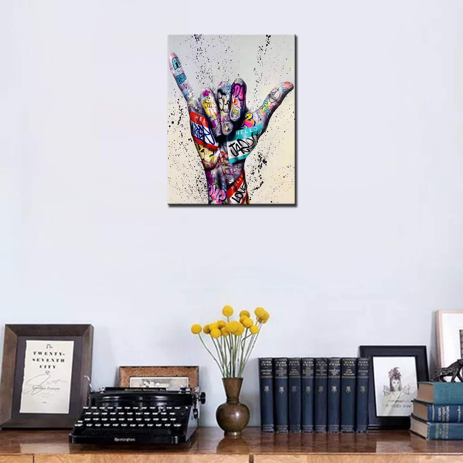 Banksy Street Art Decor Fingers Pictures Graffiti Two Fingers Means Number Six Artwork 1 Panels Canvas Wall Art Living Room Nordic House Decor Framed Ready to Hang Poster and Prints(12''Wx16''H) - Image 3