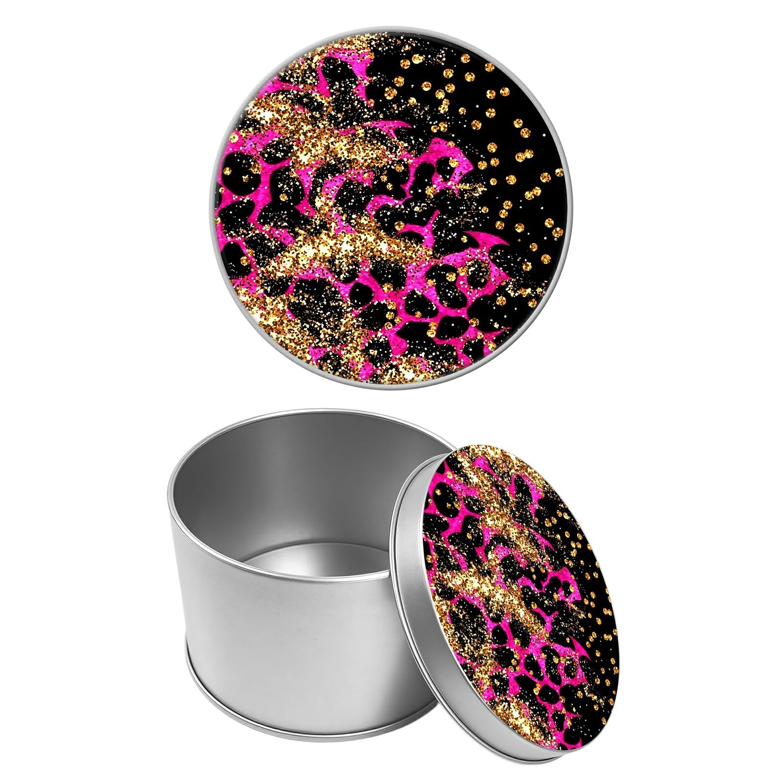 Round Metal Tin Container with Removable Lid, Golden Pink Leopard Durable Metal Storage Box for Cookies Spices Tea Candies Cakes Jewelry Cosmetics 3.54 x 2.36 inch– Single Pack