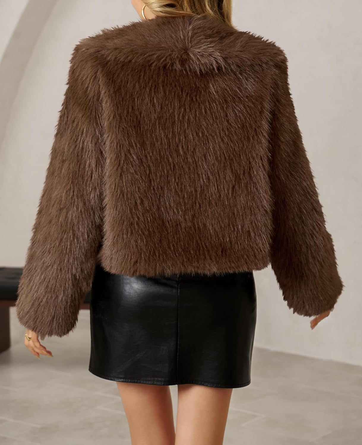 Tankaneo Womens Faux Fur Jacket Cropped Winter Fall Shaggy Coats Long Sleeve Fluffy Short Coat Fuzzy Outerwear - Image 3