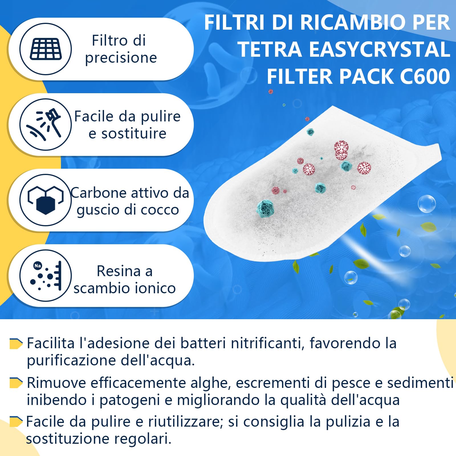 12 Pezzi Cuscinetti Filtro per Tetra EasyCrystal C600 Filtri di Ricambio per Tetra EasyCrystal Filter Pack C600 Cartuccia Filtro con Carbone Attivo e Zeolite YY