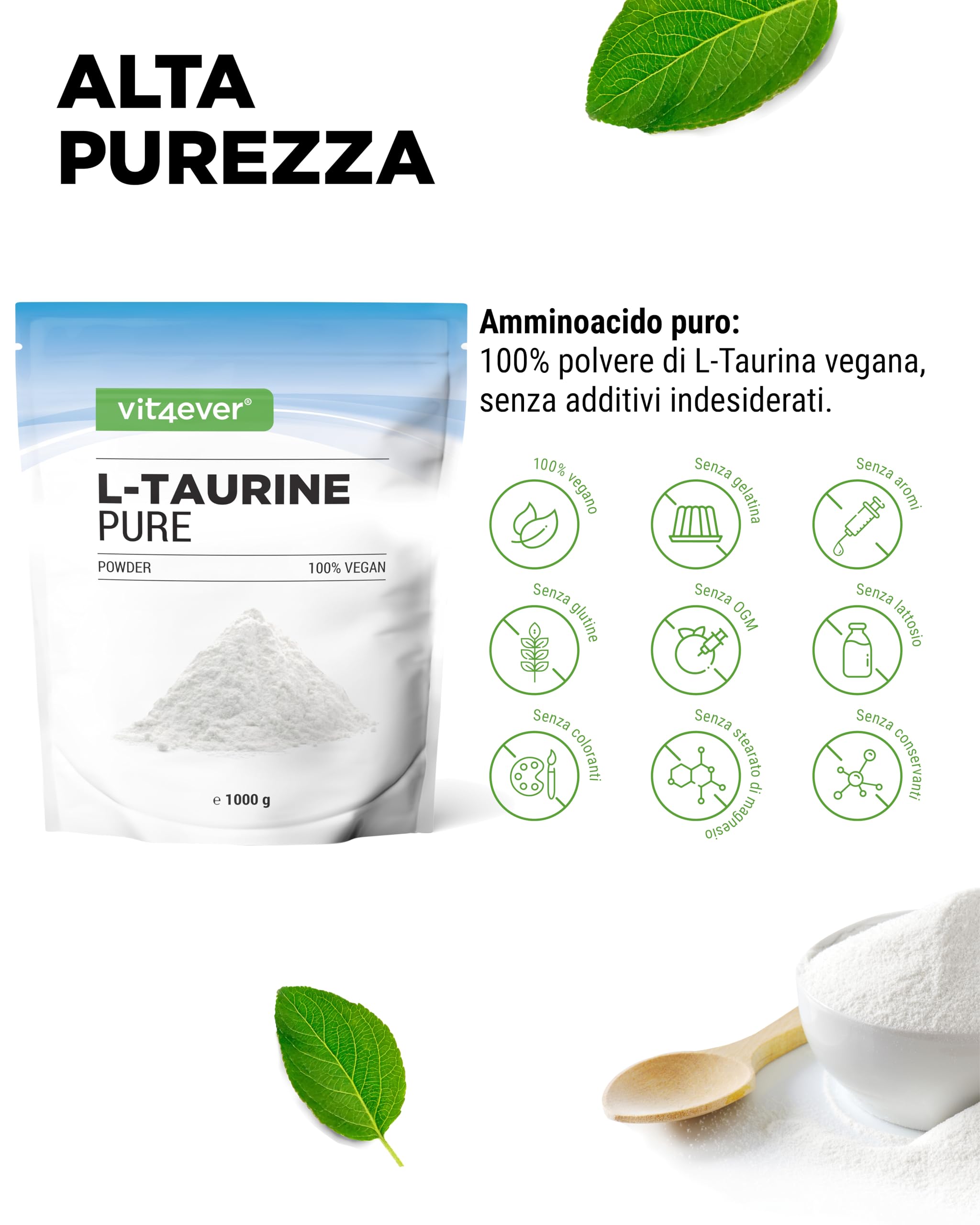Polvere di Taurina 1000 g (1 kg) Solubilità ottimale Vegano