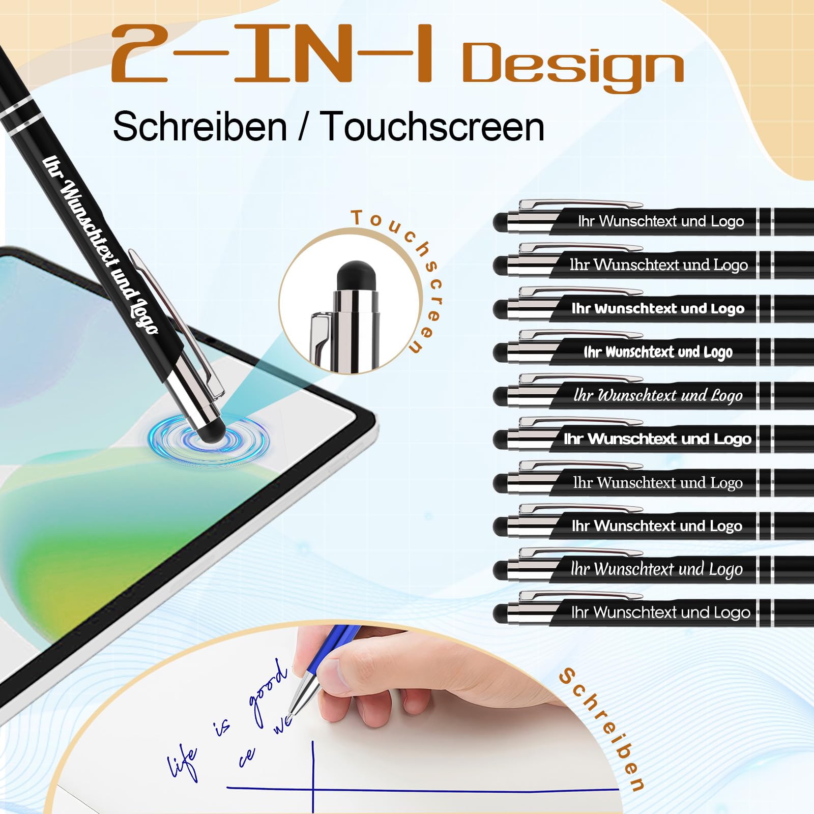 100er Personalisierter Kugelschreiber mit Gravur, 2in1 Hochwertiger Metall-Kugelschreiber mit Touchpen, Werbegeschenk für Unternehmen, Geschenk für Studenten Lehrer Kollegen, Blau Tinte