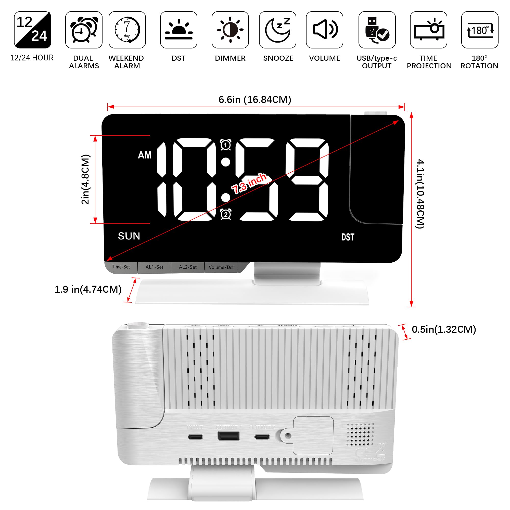 GAESHOW Sveglia con Proiettore Soffitto con Schermo a Specchio da 7,5 Pollici e 6 Livelli di Luminosità, Sveglia da Comodino Rotante 180°, Doppio Allarme, Snooze, Porte USB/Type-C, 5 Livelli di Volume