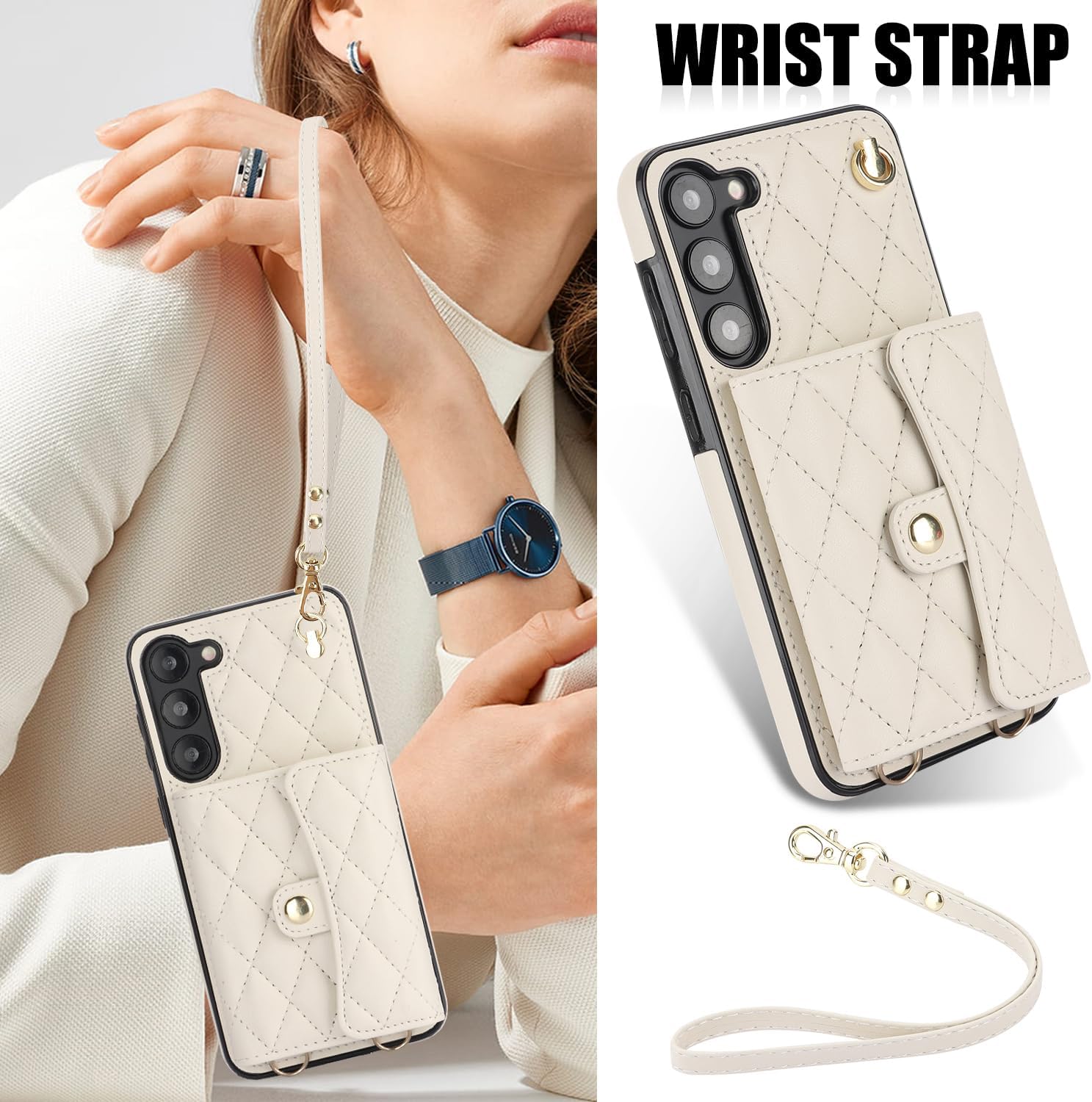 ZJJ for Samsung Galaxy S24 Case 6.2 Inch, Crossbody Purse Wristlet Shoulder Strap Trendy Protective Cover for Galaxy S24 -White