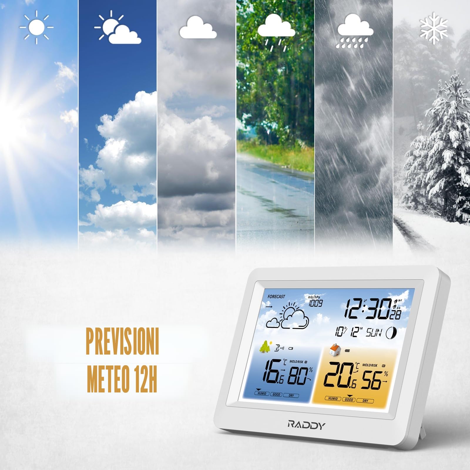 Stazione meteorologica wireless Raddy WM6 con sensore remoto, batteria integrata da 2000 mAh, barometro, orologio DCF, previsioni meteo, avviso rischio muffa, display a colori per interni ed esterni