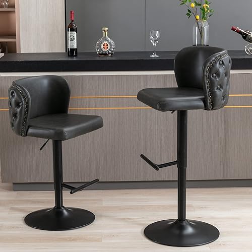 Miniatura 2 de Juego de 2 taburetes de bar giratorios de cuero, altura de asiento ajustable de 25 a 33 pulgadas, modernos taburetes de bar tapizados de poliuretano