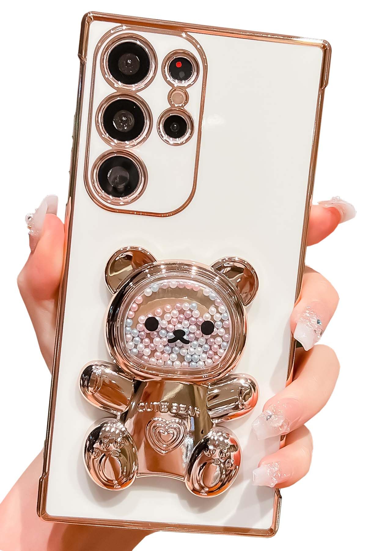 Kwhapoo Cute Compatible with Samsung Galaxy S24 Ultra 6.8 inch Stand Case,Luxury 3D Gold Color Beads Quicksand Girly Cartoon Bear Kickstand for Women,