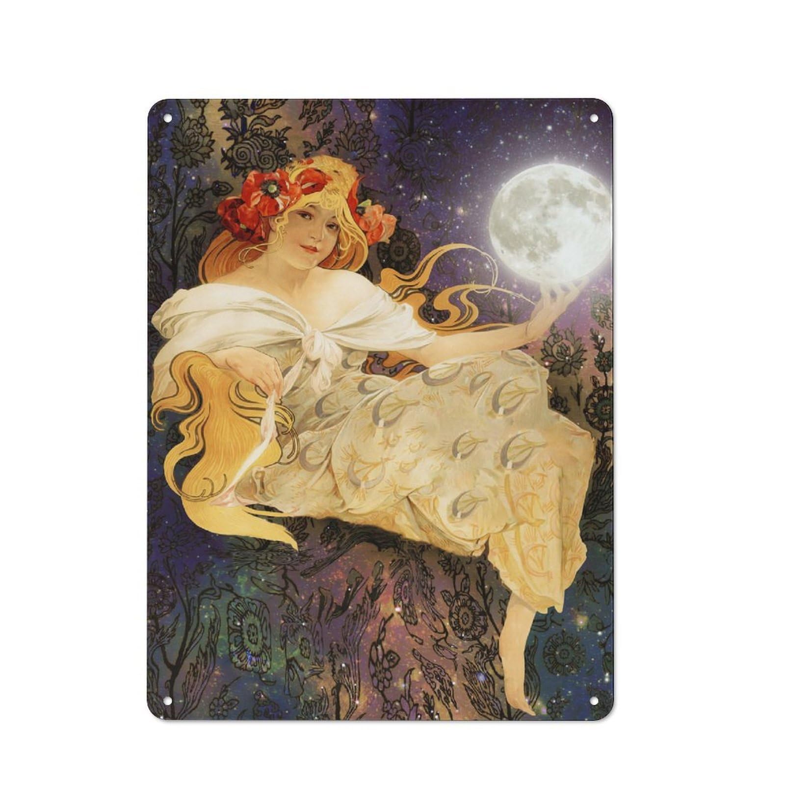 Junmoney Goddess And Moon Retro Metal Sign 40X30cm For Hobby Room Or Studio, Autumn Wall Decor For Creative Interior Collectors