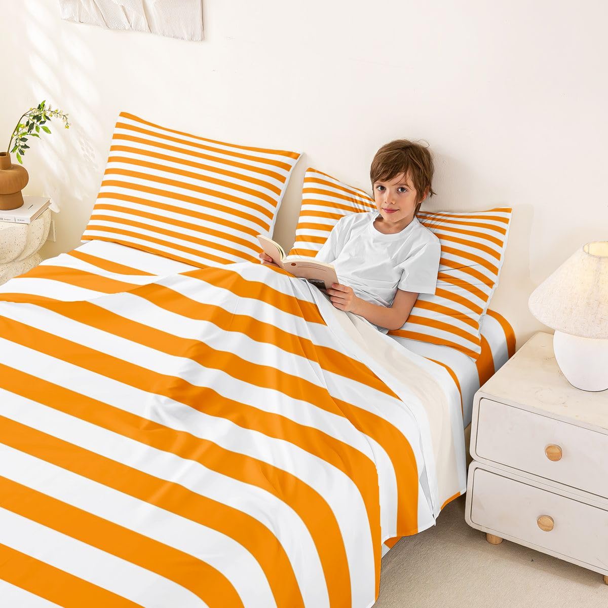 Manfei Orange-weiß gestreiftes Kinder-Bettlaken, volle Größe, gestreift, Retro, abstrakt, ästhetisches Bettwäsche-Set, modern, geometrisch, minimalistisch, Kinderzimmer-Dekor, schlichtes klassisches