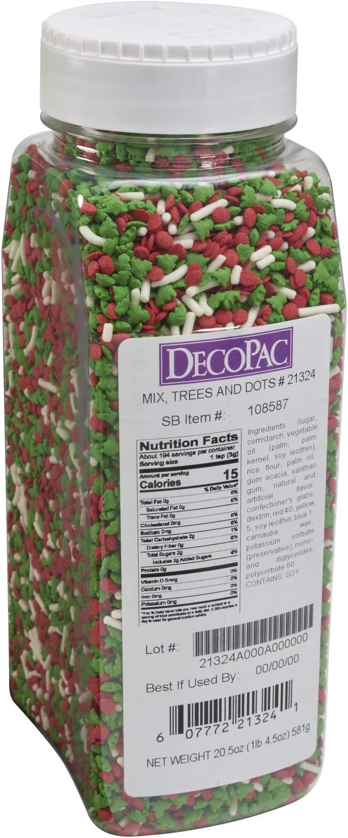 DECOPAC Christmas Trees & Holiday Dots Quins, 20.5oz, Fancy Sprinkles In Red, Green & White, Festive Edible Candy Sprinkles in Handheld Container For Celebration Cakes, Cupcakes, Cookies