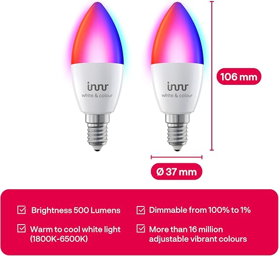 Innr Smart Bulb E14, Warm to Cool White, Works with Hue* and Zigbee Hubs [Energy Class F]