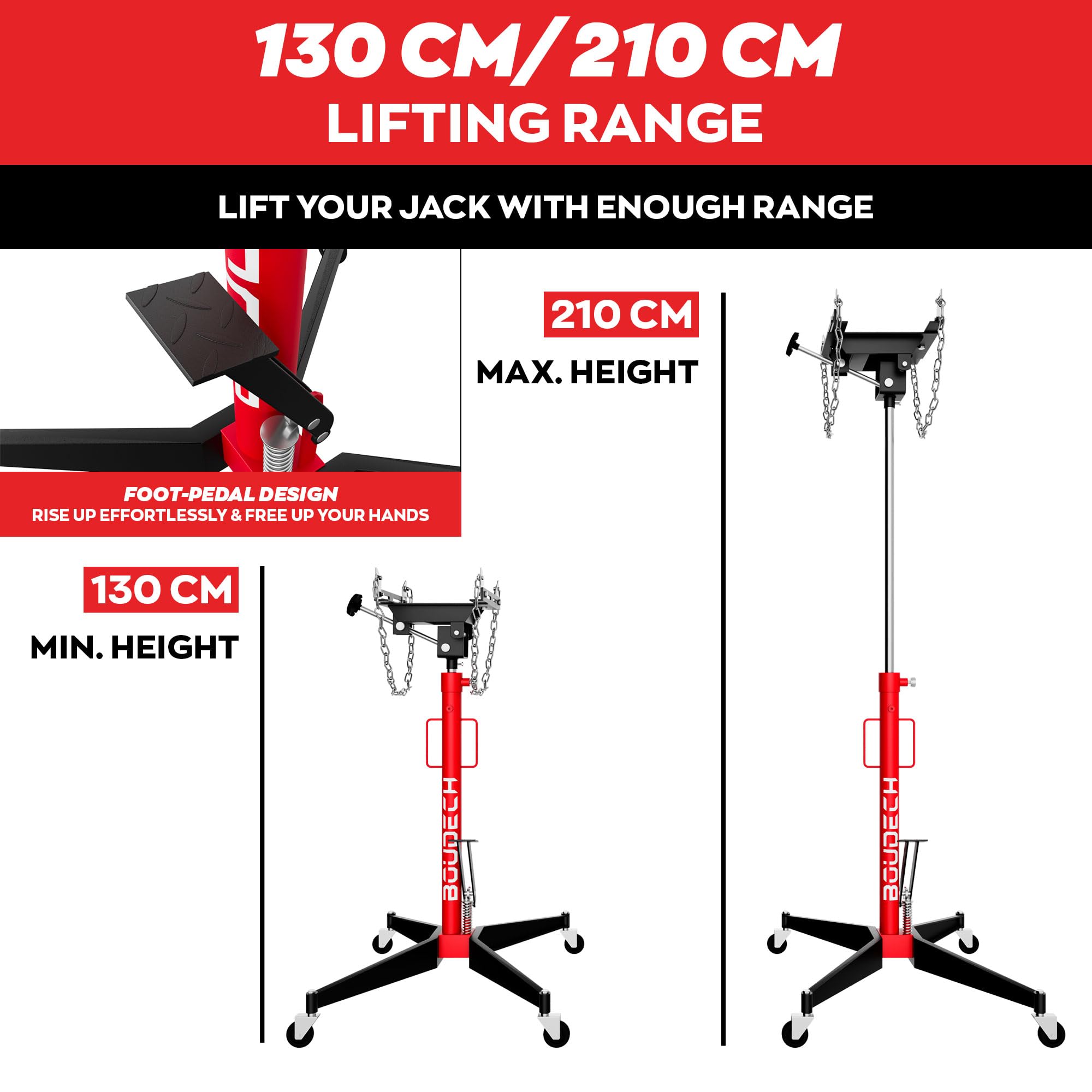 Boudech Hack - Sollevatore Ingranaggi idraulico da Fossa max 500Kg H210 cm per Trasmissione Motore Auto con Ruote in Acciaio Rosso