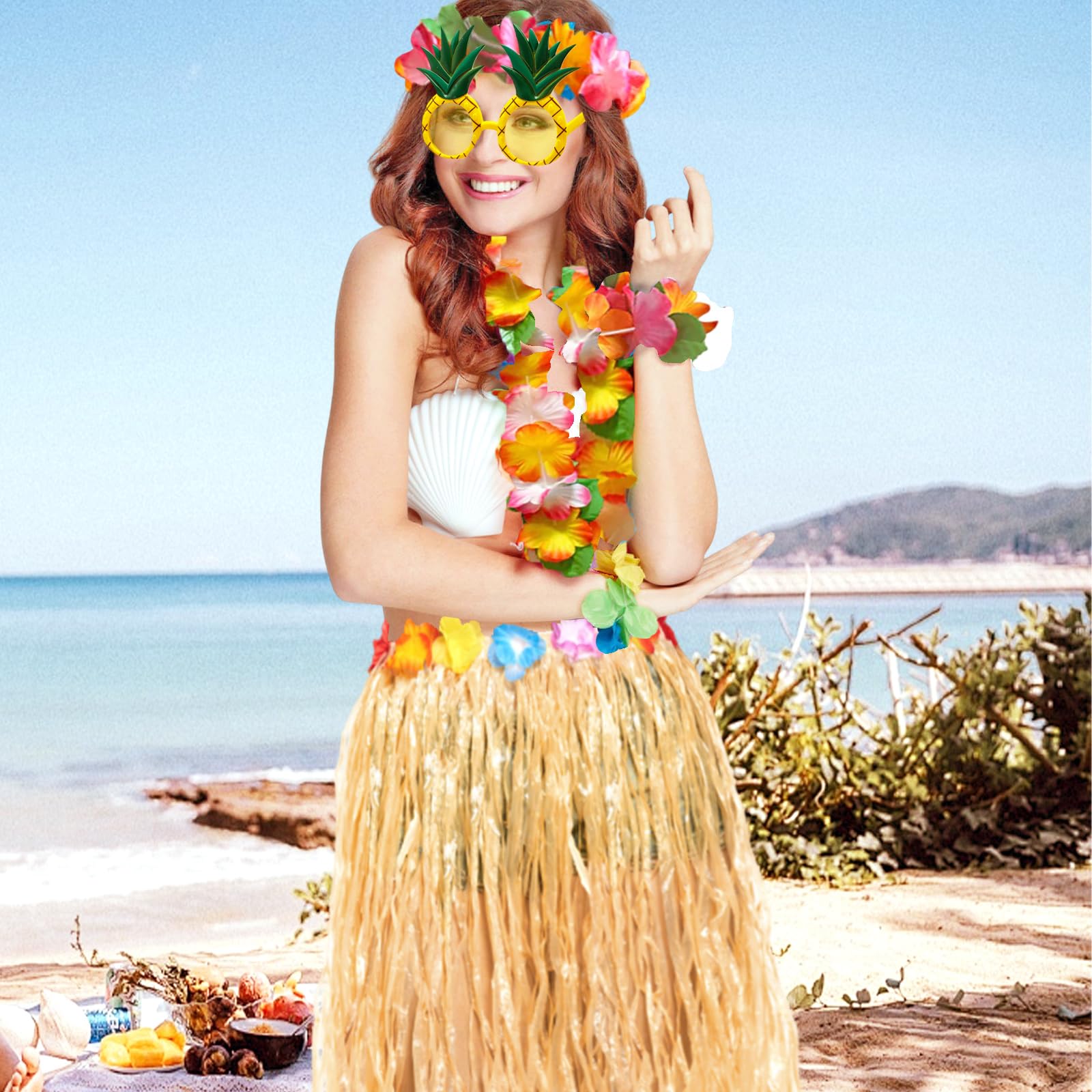 Lot de 6 décorations de fête hawaïennes, collier de fleurs, bracelets, bandeau, lunettes d'ananas, jupe hawaïenne, déguisement pour adultes, fête de plage, bar de nuit