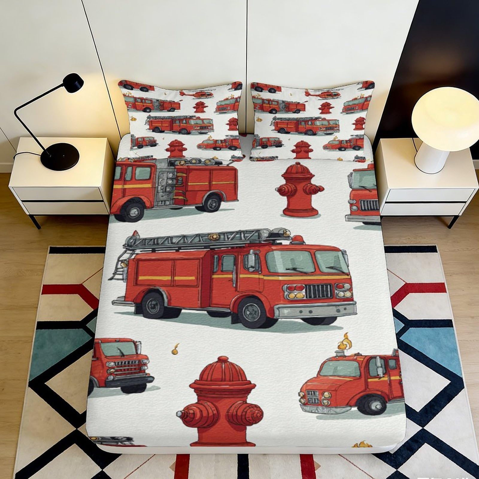 Uxinyoume Style-7 3D Printed Fire Truck Fitted Sheet Microfiber Soft Breathable Hydrant Bed Cover For Bedroom Dorm Decor Mattress Protection 90X200x25cm
