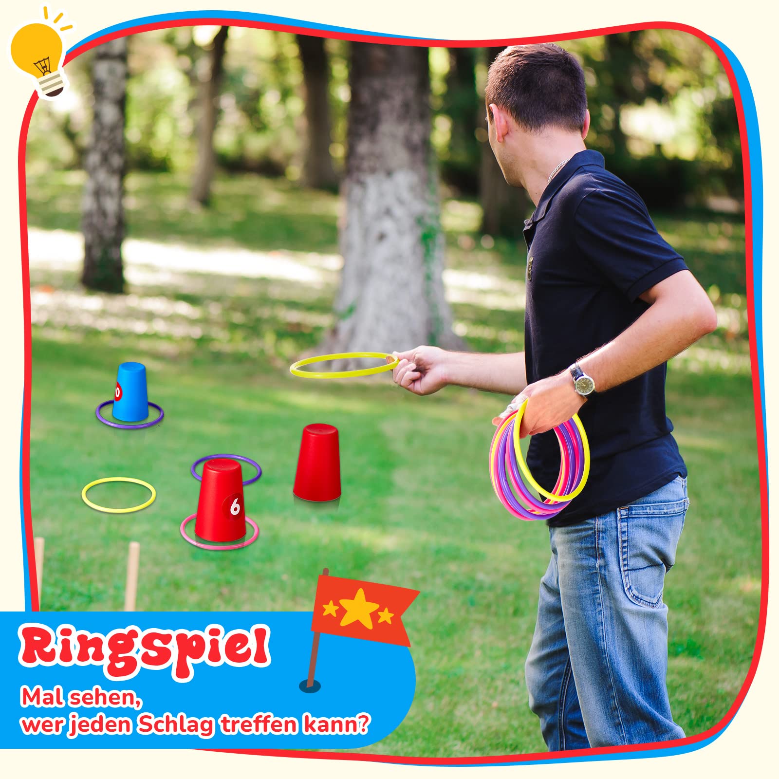 54 Pezzi Giochi di Lancio per Feste 3 in 1 Gioco di Lancio per Bambini 20 Bicchieri Impilabili 10 Anelli 20 Adesivi Numerici 4 Sacchi di Fagioli per Compleanno Attività all'Aperto Giardino