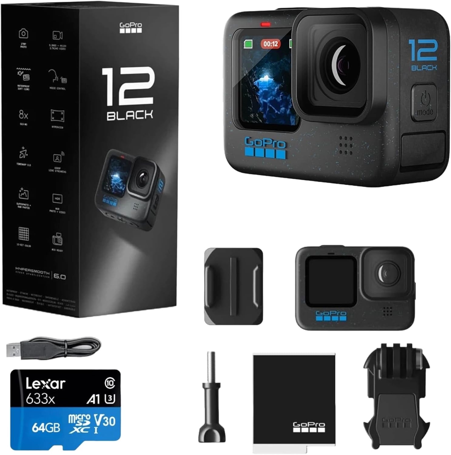 GoPro HERO12 Black - Waterproof Action Camera with 5.3K60 Ultra HD Video, 27MP Photos, HDR, Live Streaming, Webcam, Stabilization + Bundle, 64GB Card and 47 Piece Accessory Kit