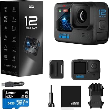 GoPro HERO12 Black - Waterproof Action Camera with 5.3K60 Ultra HD Video, 27MP Photos, HDR, Live Streaming, Webcam, Stabilization + Bundle, 64GB Card and 47 Piece Accessory Kit