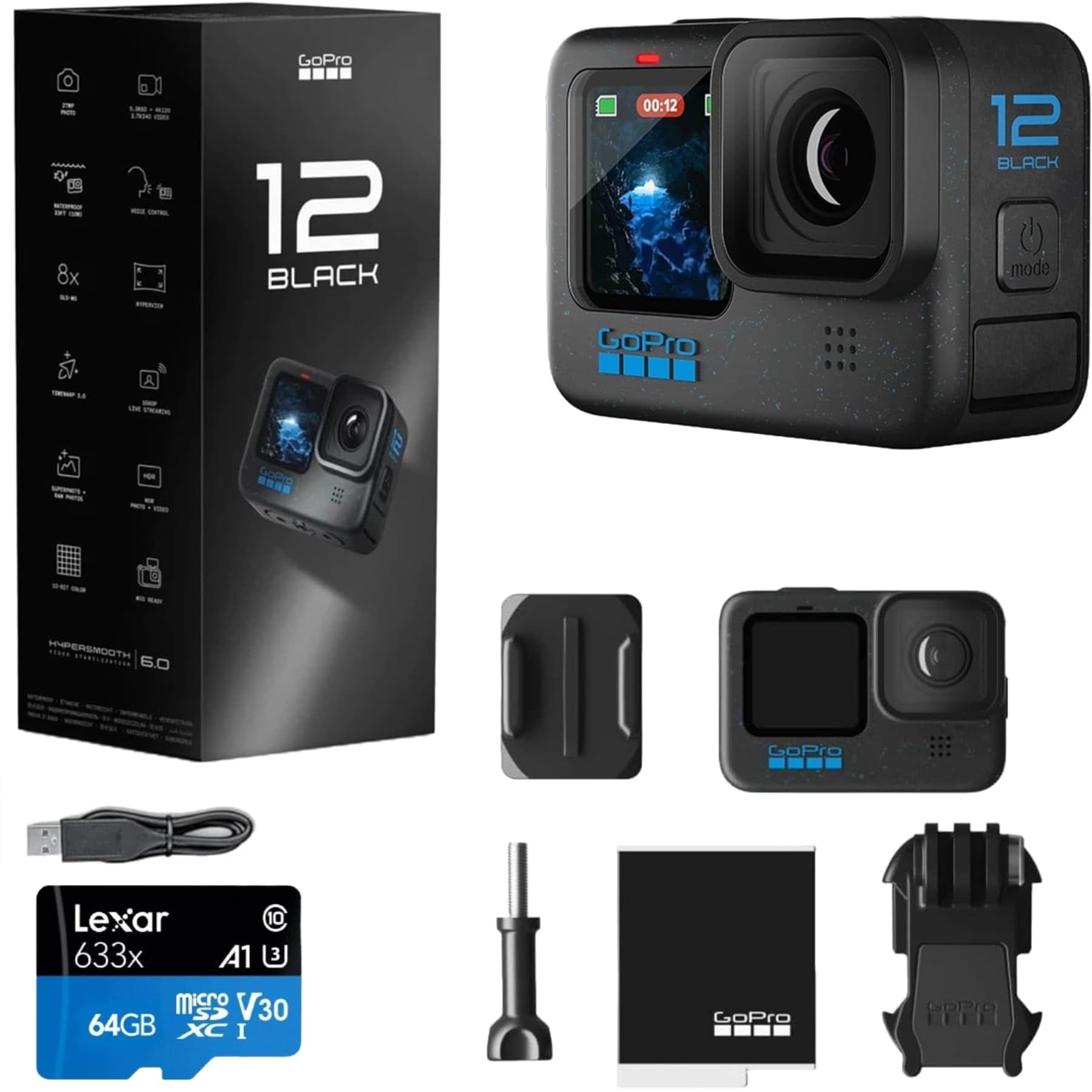 GoPro HERO12 Black - Waterproof Action Camera with 5.3K60 Ultra HD Video, 27MP Photos, HDR, Live Streaming, Webcam, Stabilization + Bundle, 64GB Card and 47 Piece Accessory Kit