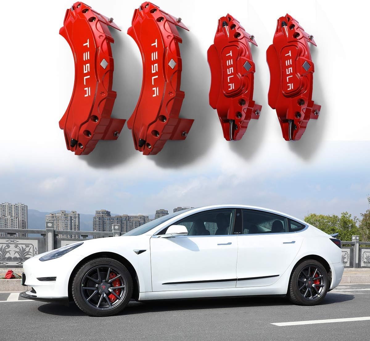 OUSIKA 4 Uds Cubierta Pinza Freno de Coche, Funda Protectora Aleación Aluminio Especial Personalizada Modificada, Accesorios Decoración Exterior, para Tesla Model Y 2020-2022,Red-21inch
