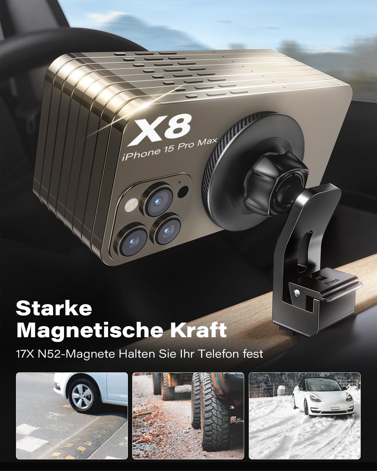 APPS2Car Tesla Mobiele Telefoon Houder, Mag-Safe Auto Houder, Ultra Stabiel 17 x N52 Sterke Magneten, Magnetische Mobiele Telefoon Houder Auto voor Tesla Model 3/Y Ventilatie, Compatibel met iPhone 15